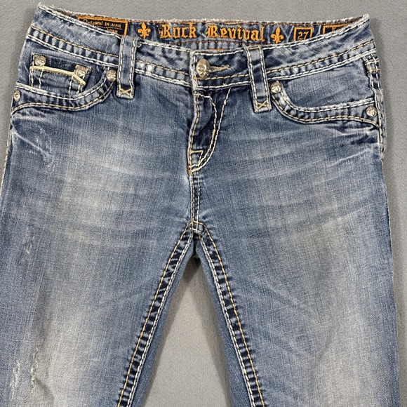 Rock Revival Jeans Kelly Boot 27 Thick Stitch Whiskering Embroidered Pockets - Picture 5 of 10